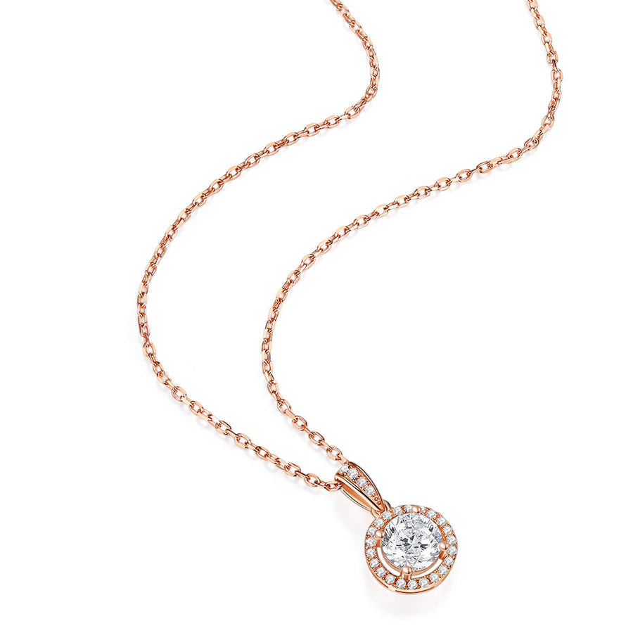 14k Rose Gold Halo Round Near Colorless Moissanite (D-E-F) and Diamond Accented Pendant Necklace
