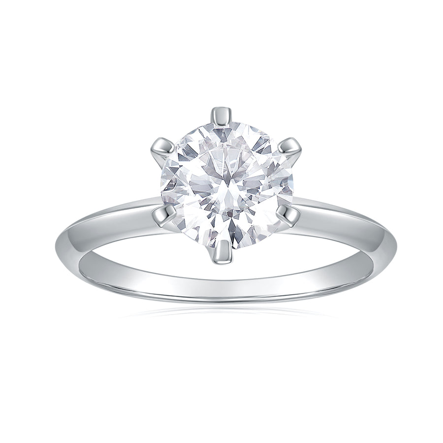 14K White Gold Moissanite Rings Classic 6 Prong by Cross Rainbow Round Engagement Ring, 2ct DEW