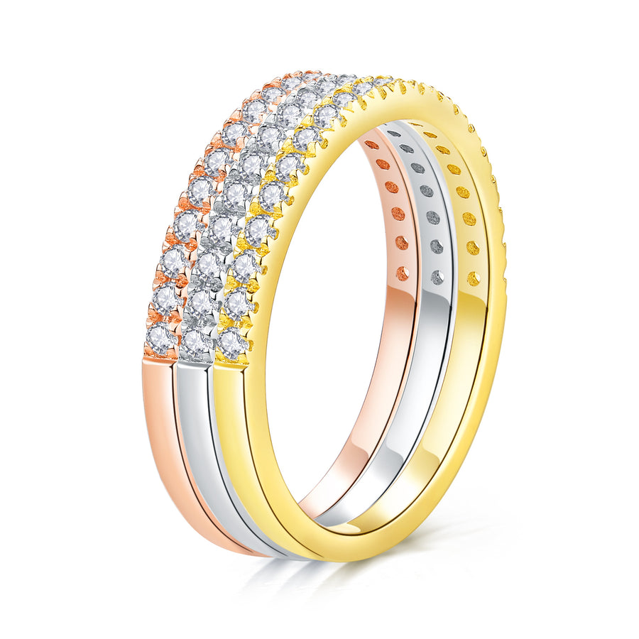 Cross Rainbow Moissanite Wedding Bands, Moissanite Ladies 3 Row Rings for Women, Color D VVS1 S925 Sterling Silver Round-Cut Moissanite Bands Statement Ring, Valentines day gifts for her Women jewelry Ring (Tri Color Set 0.6CT）