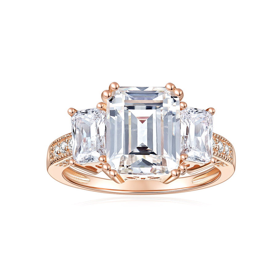 Three Big Stone with Side Accents Moissanite Statement Engagement Ring in 18k Rose Gold