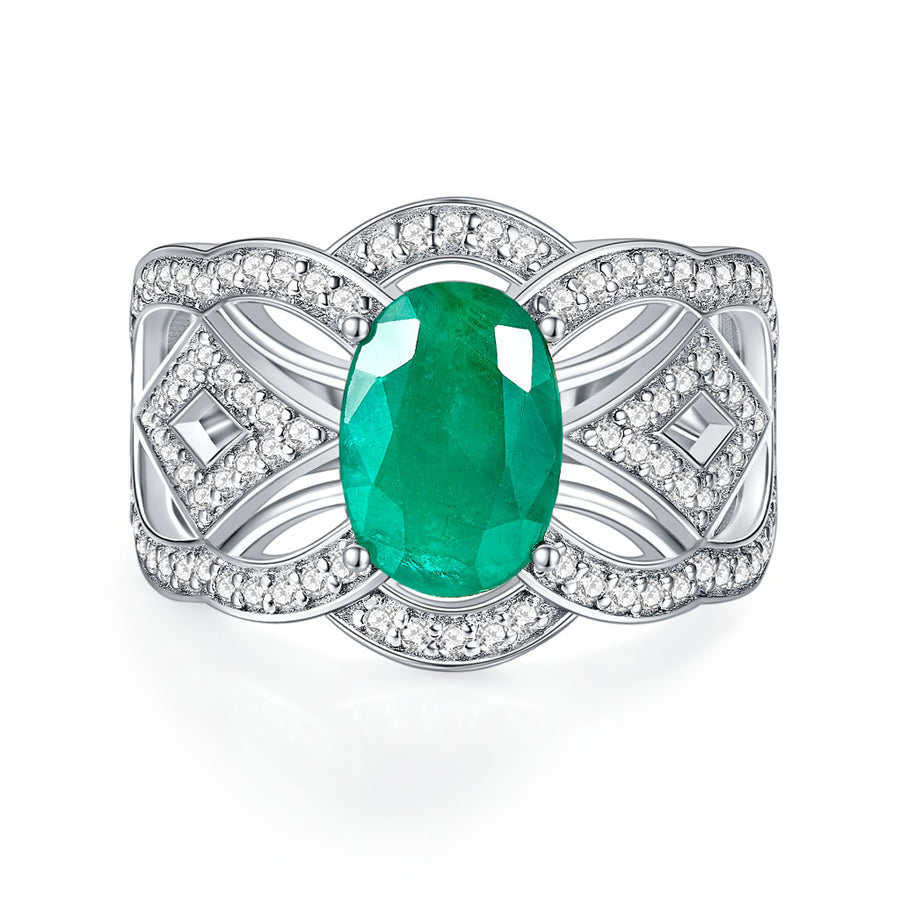 Emerald Halo Statement Engagement Rings for Women, Anniversary 14K Gold Plated 925 Silver Promise Rings for Her