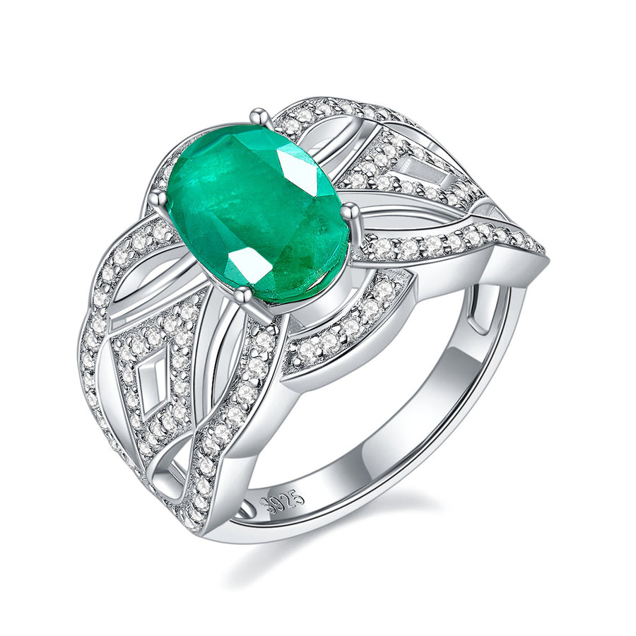 Emerald Halo Statement Engagement Rings for Women, Anniversary 14K Gold Plated 925 Silver Promise Rings for Her