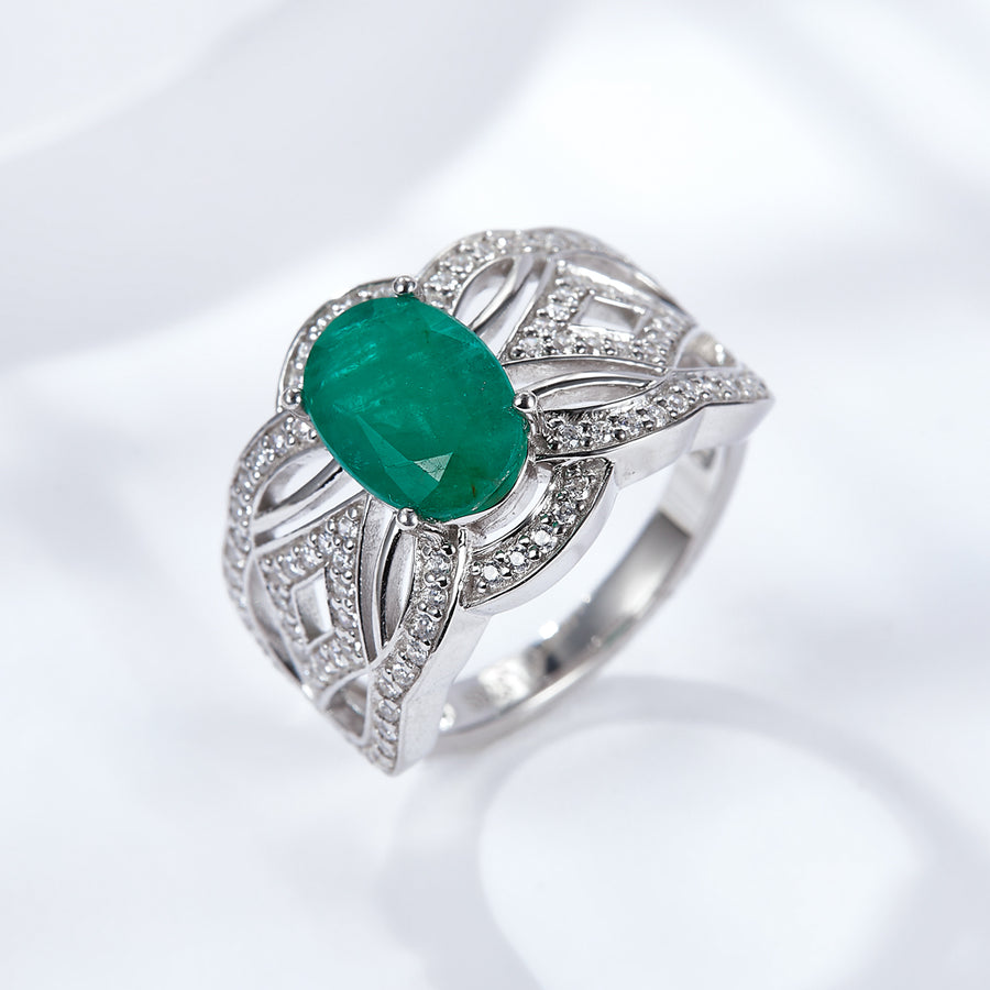 Emerald Halo Statement Engagement Rings for Women, Anniversary 14K Gold Plated 925 Silver Promise Rings for Her