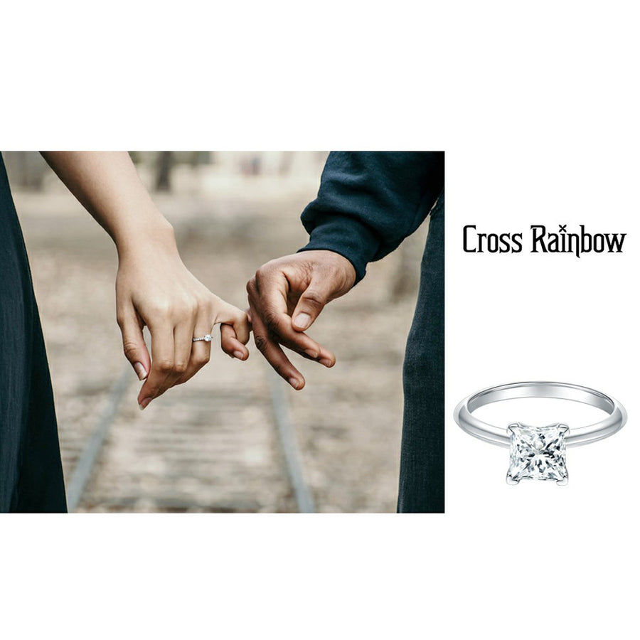 Cross Rainbow® Moissanite Ring，S925 Sterling Silver Moissanite Princess Diamond Ring, Classic 4-Prong setting Moissanite Engagement Rings for Women, Gifts for Christmas, Engagement, Wedding, 6*6MM-1.2CT VVS1 DEF