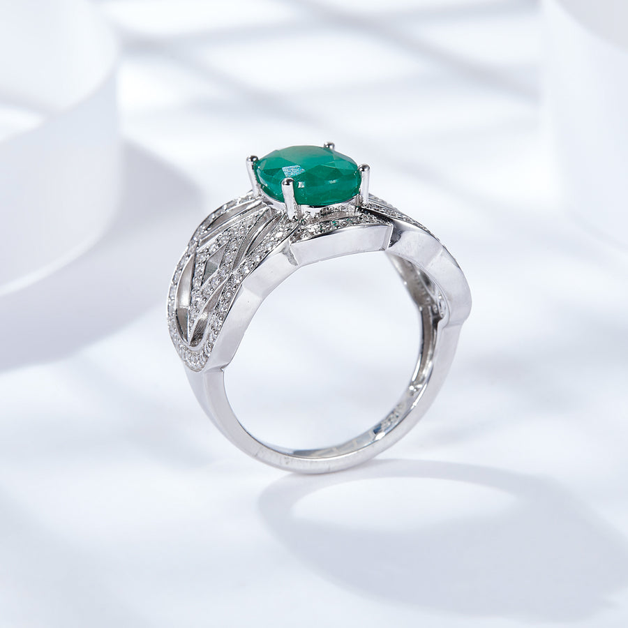Emerald Halo Statement Engagement Rings for Women, Anniversary 14K Gold Plated 925 Silver Promise Rings for Her