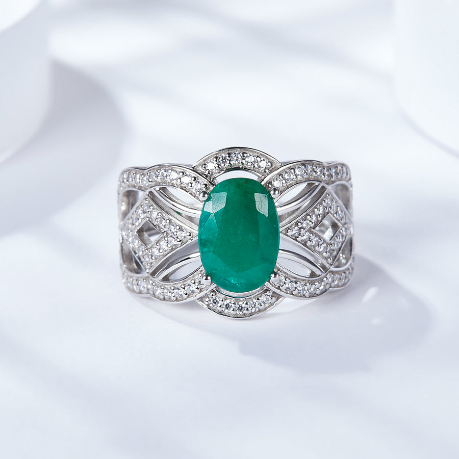 Emerald Halo Statement Engagement Rings for Women, Anniversary 14K Gold Plated 925 Silver Promise Rings for Her