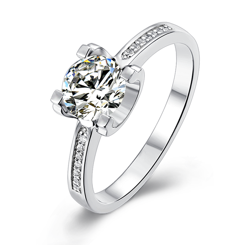 Platinum Plated Sterling Silver 6 Prong 1ct 6.5mm D Color VVS1 Moissanite Solitaire Engagement Brilliant Ring for Women