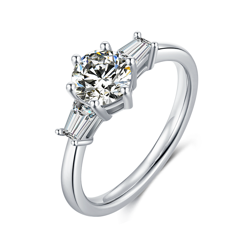 1ct Center 6.5 mm with D Color Classic 4-prong Platinum Plated Silver Plating Moissanite Engagement Ring
