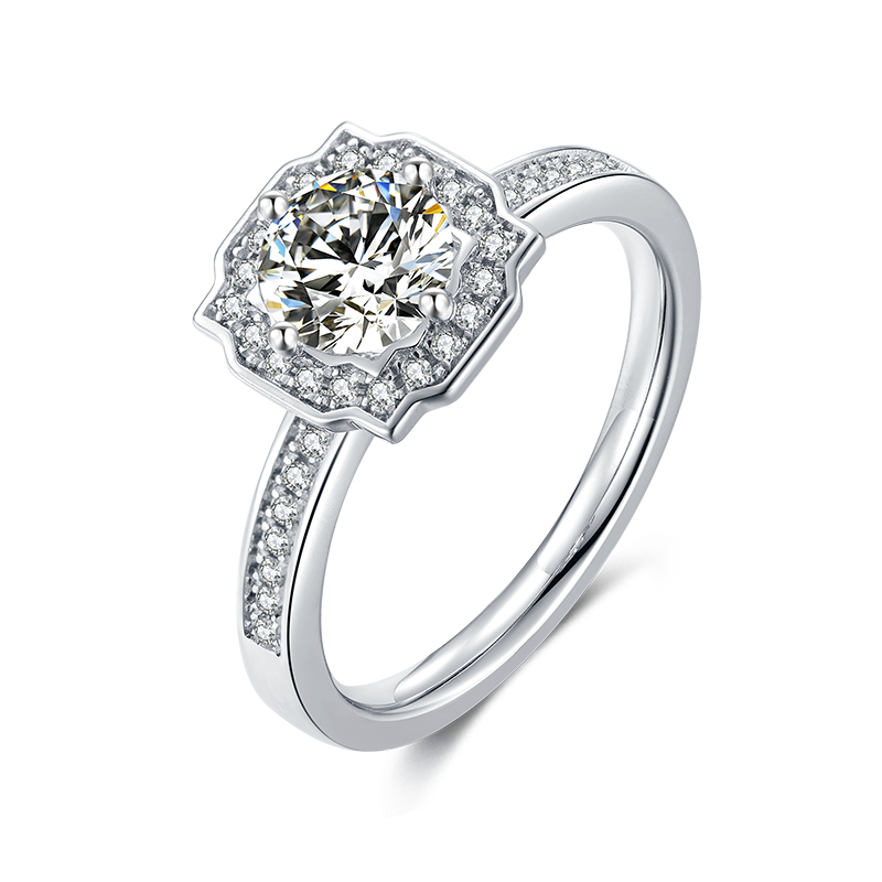 1ct Center 6.5 mm with D Color Classic 4-prong Platinum Plated Silver Plating 18k White Gold Solitaire Moissanite Engagement Ring