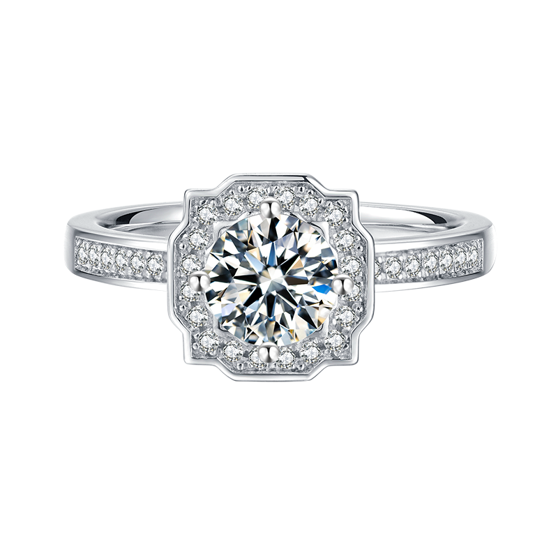 1ct Center 6.5 mm with D Color Classic 4-prong Platinum Plated Silver Plating 18k White Gold Solitaire Moissanite Engagement Ring