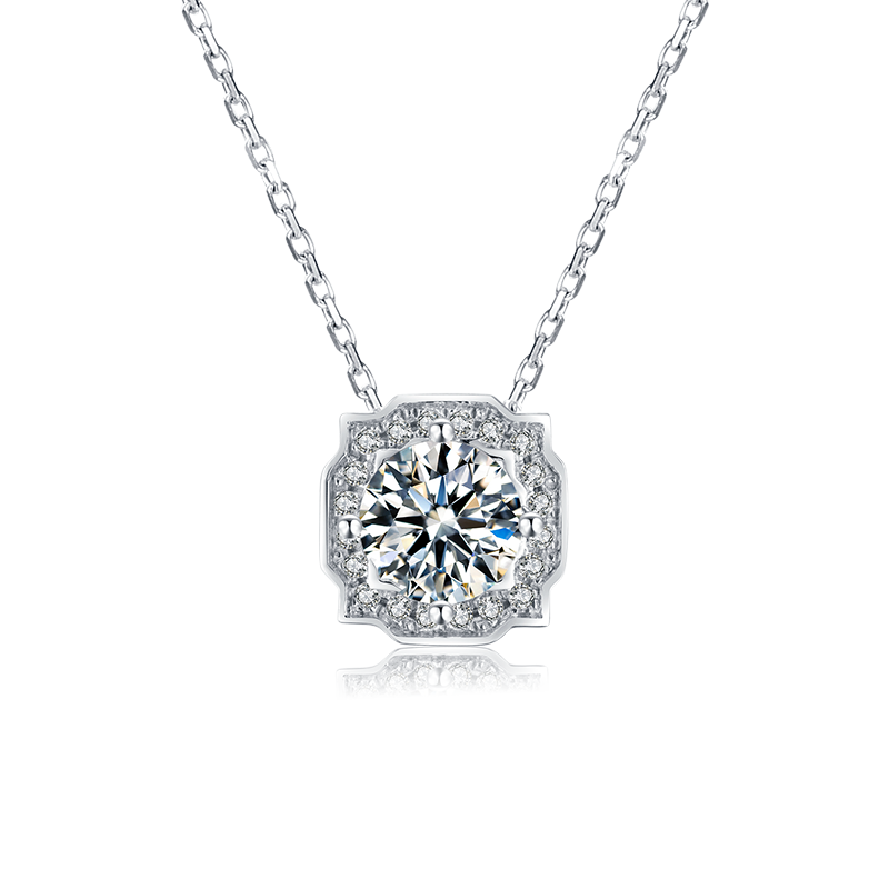 Moissanite Necklace and Stud Earrings, Platium Plated Sterling Silver Moissanite Earrings with 2pcs of 1ct and 1ct necklace