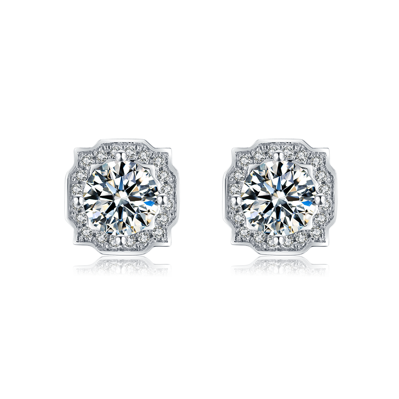 Moissanite Necklace and Stud Earrings, Platium Plated Sterling Silver Moissanite Earrings with 2pcs of 1ct and 1ct necklace