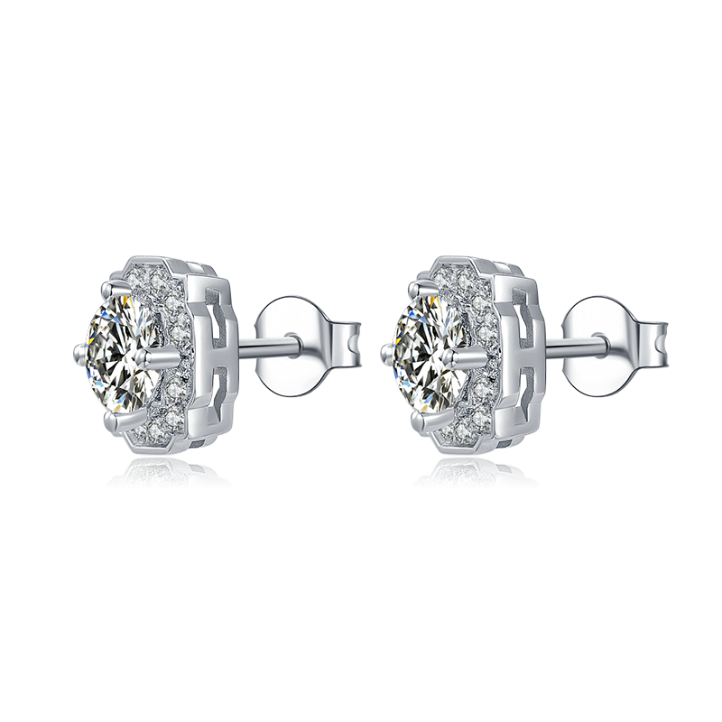 Moissanite Necklace and Stud Earrings, Platium Plated Sterling Silver Moissanite Earrings with 2pcs of 1ct and 1ct necklace