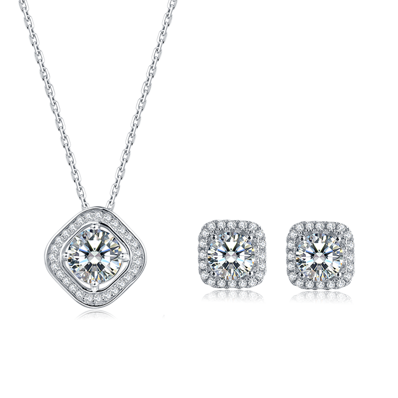 925 Sterling Silver total 2CT Moissanite Jewelry Set Pendant Necklace and Earrings For Women