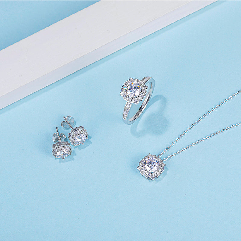 Moissanite Necklace and Stud Earrings, Platium Plated Sterling Silver Moissanite Earrings with 2pcs of 1ct and 1ct necklace