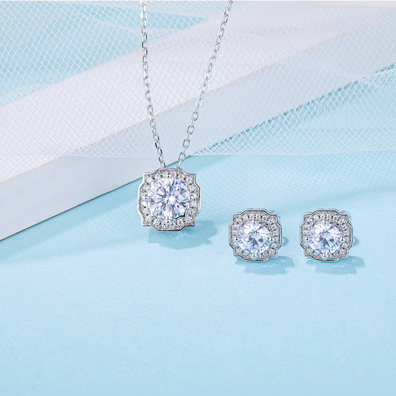 Moissanite Necklace and Stud Earrings, Platium Plated Sterling Silver Moissanite Earrings with 2pcs of 1ct and 1ct necklace