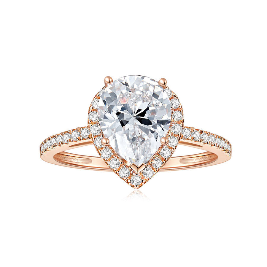 14k Rose Gold 2.5CT TGW Pear Moissanite (FG) and Round Diamond (GH) Halo Engagement Ring