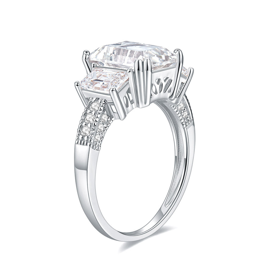 DEF Color Cushion Cut Moissanite Three Stone Engagement Rings with Accents Band