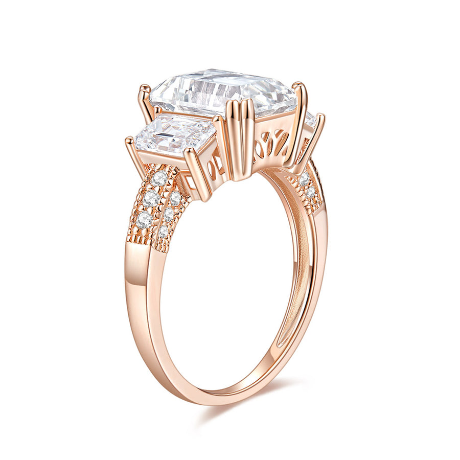 Three Big Stone with Side Accents Moissanite Statement Engagement Ring in 18k Rose Gold
