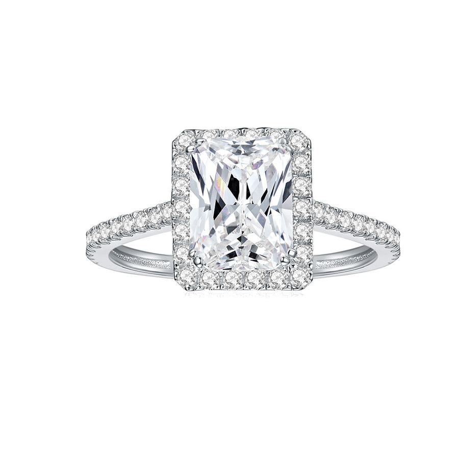 Moissanite Ring White Gold Square with 4 prong Classic Ring Many Small Diamond Around