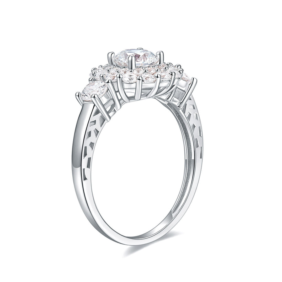 14K White Gold Vintage Halo Style Channel Set Round Brilliant Diamond Engagement Ring Milgrain Moissanite Center