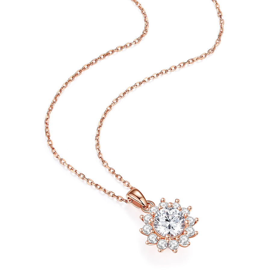 18k Rose Gold Round-Cut Moissanite Solitaire 4 Prong Pendant Necklace 1 Big Stone Bezel in Center with 12 Side Solitaire Necklace 18" in lengt
