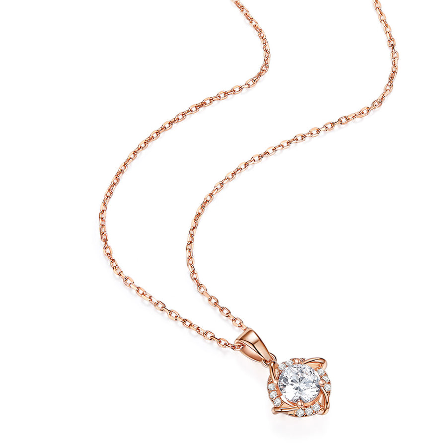 Women's Round Moissanite and Diamond Halo Pendant Necklace 14k Rose Gold
