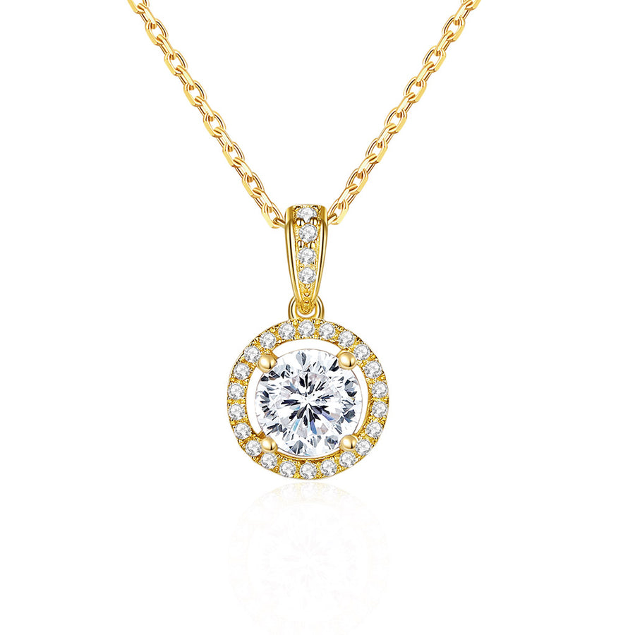 14k Rose Gold Halo Round Near Colorless Moissanite (D-E-F) and Diamond Accented Pendant Necklace