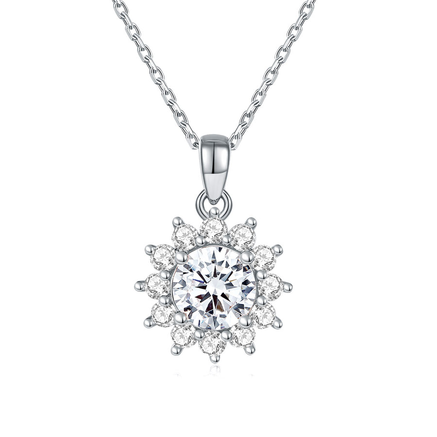 14K White Gold Moissanite Pendant Necklace with 1 Big Stone and Moissanite 12 Small stones around diamond necklace