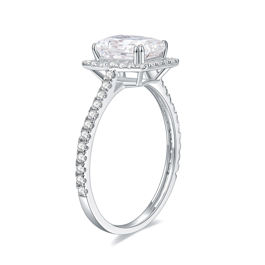 Moissanite Ring White Gold Square with 4 prong Classic Ring Many Small Diamond Around